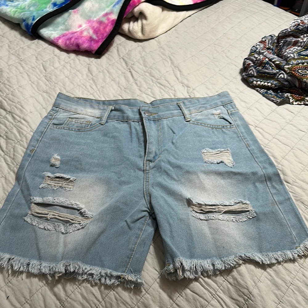 Distressed Light Blue Denim Shorts